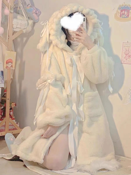 Image of Cappotti Sweet Lolita Cappotto con fiocchi bianchi ecru Capispalla Lolita invernali in peluche corto