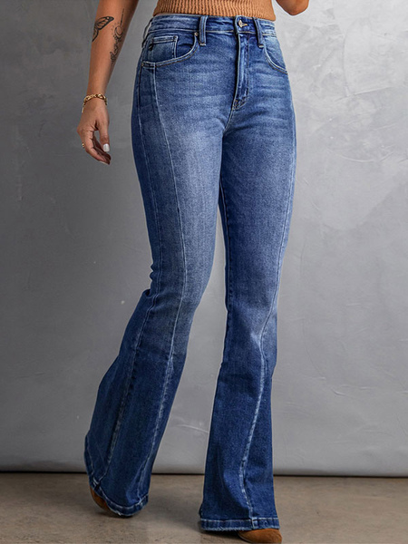 Image of Pantaloni da giorno svasati da donna in jeans blu a vita alta con cerniera