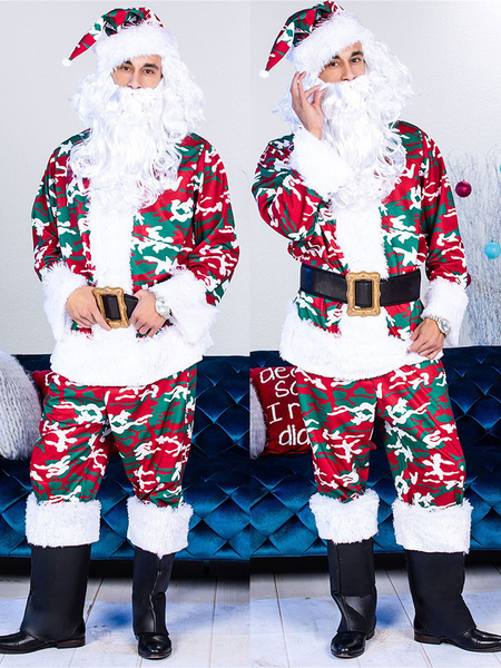 Image of Set natalizio da uomo Cappello rosso in fibra di poliestere Pantaloni Top Poliestere Costumi per le vacanze di Babbo Natale