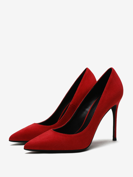 Image of Scarpe eleganti con tacco a spillo a punta in pelle scamosciata con tacco alto rosso