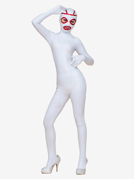 Image of Abiti Zentai bianchi Costumi sexy tuta bianca in Lycra Spandex a blocchi di colore con occhi aperti