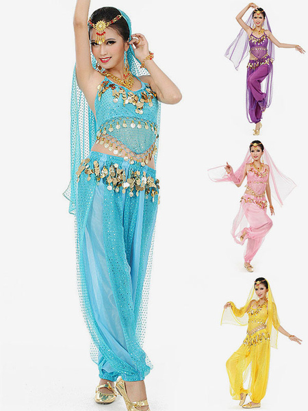 Image of Carnevale Costume di Danza del Ventre 2024 Abito da Ballo in Bollywood di Chiffon Blu con Velo da Donna Halloween