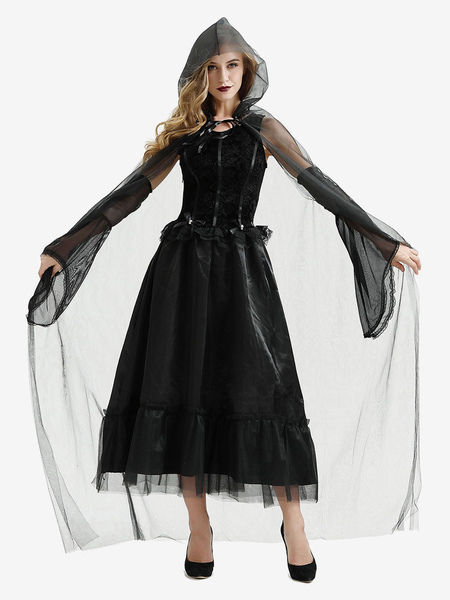 Image of Costumi da strega di Halloween per le donne Abito lungo in tulle nero Mantello Costumi da festa in poliestere Set completo