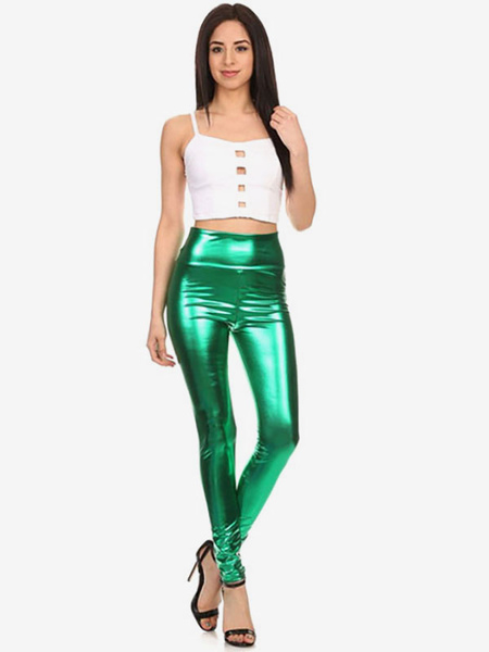 Image of Carnevale Leggings verde lucido metallico Skinny Pants per le donne Halloween