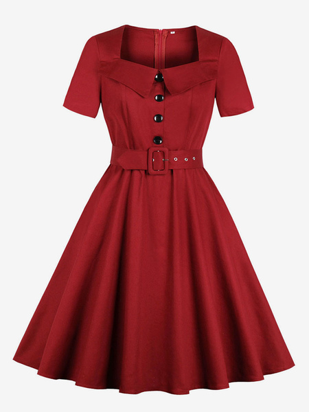 Image of Vestiti Anni 50 monocolore donna maniche corte abiti anni 50 Rosso Scuro bottoni in pelle collo squadrato cotone Estate Primavera Autunno