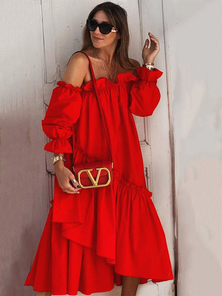Image of Maxi abiti da donna maniche lunghe abito rosso con scollo a barchetta maxi abito asimmetrico lungo il pavimento