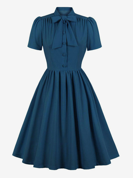 Image of Abito retrò anni &#39;50 stile Audrey Hepburn abito da donna a maniche corte blu navy