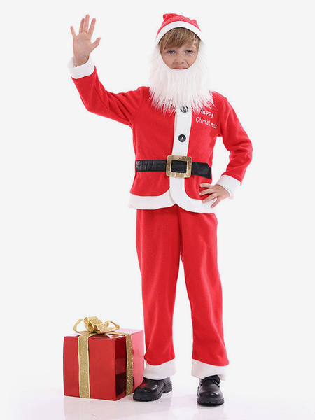 Image of Costume cosplay per bambini Babbo Natale in fibra di poliestere rosso Top Hat Sash Pants Set 4 pezzi Costume natalizio per bambini