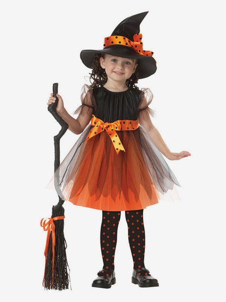 Image of Costume Halloween per Bambini Strega Costume Bambini Halloween Arancione Tulle Abiti e cappello per bambine Costume Carnevale Costume Halloween