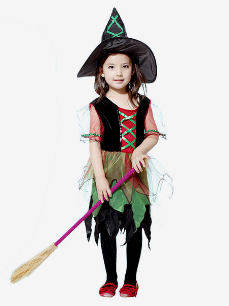 Image of Strega Costume Halloween Bambine Abiti verdi e cappello per bambini
