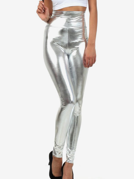 Image of Carnevale Leggings argento lucido metallizzato Skinny Pants per le donne Halloween