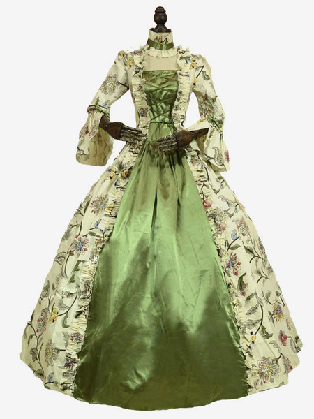 Image of Carnevale Costume del XVIII secolo Costumi retrò verdi Abito con stampa floreale Abito da donna in stile vittoriano Maria Antonietta Halloween