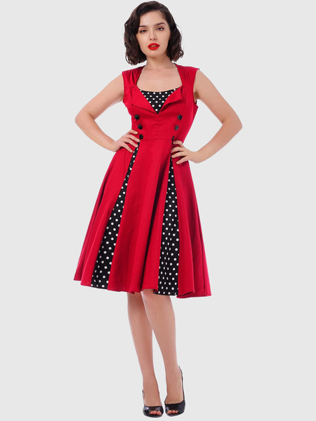 Image of Vestiti Anni 50 donna Abiti Rosso abiti anni 50 con stampe Cocktail Abito bottoni in pelle Cotone misto smanicato collo squadrato Estate