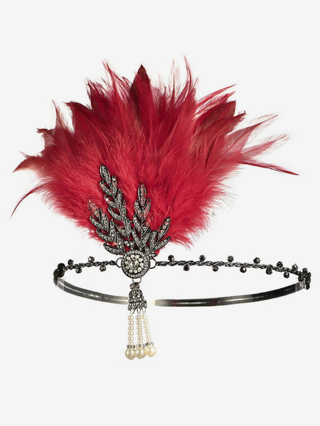 Image of Carnevale 1920s Great Gatsby Accessory Flapper Dress Band Red Feathers Rhinestone Hairpiece Halloween
