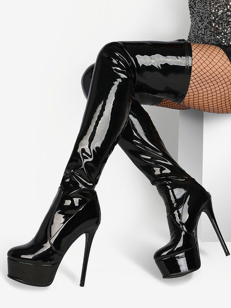 Image of Stivali sopra il ginocchio Stivali neri con punta tonda in pelle lucida Stivali invernali con tacco alto da donna