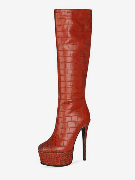 Image of Stivali alti al ginocchio da donna Stivali con tacco alto rossi in pelle PU con punta tonda e tacco grosso