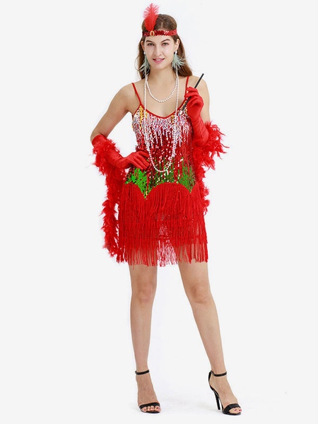 Image of Carnevale Vestiti Anni 20 per donne Rosso Vestito Flapper di poliestere Costumi Retro halloween Costumi Costumi Halloween