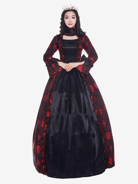 Image of Carnevale Costumi retrò donna rosso scuro con volant arricciati stampa floreale in raso stile vintage vittoriano Costume Halloween