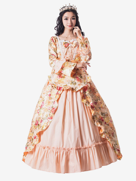 Image of Carnevale Golden Retro Costumes Bows Ruffle Satin Dress Dress Victorian Floral Print Women Abbigliamento vintage Costume Halloween