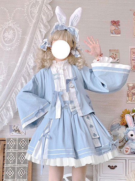 Image of Cappotti Kimono Lolita Cappotto soprabito in poliestere con fiocchi azzurri Capispalla Lolita estivi