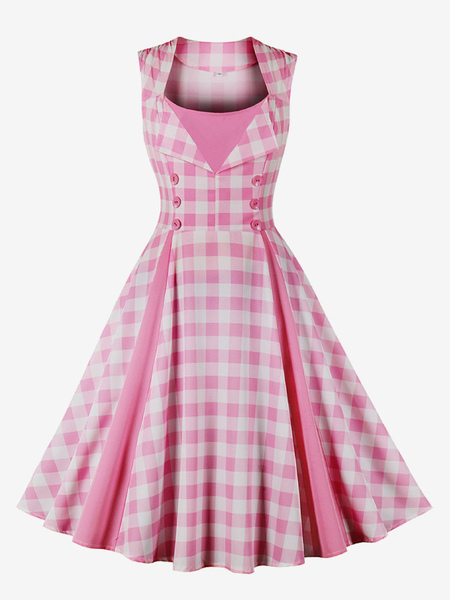 Image of Barbie Abito vintage a quadretti rosa Abito svasato Audrey Hepburn degli anni &#39;50
