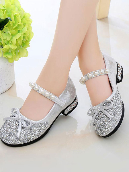 Image of Ragazze Glitter Bow Pearls Mary Jane Flower Girl Flats