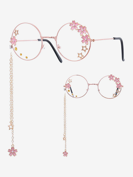 Image of Occhiali da sole dolci Lolita Catene rosa Fiori Stelle Occhiali da sole con montatura rotonda