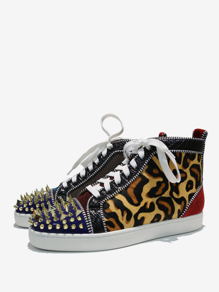 Image of Sneakers alte da uomo con stampa leopardata punta tonda stringate e rivetti