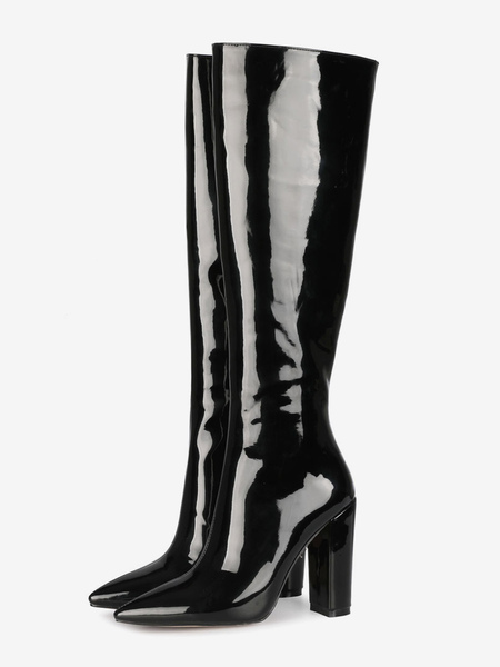 Image of Stivali al ginocchio in pelle nera con punta a punta in pelle lucida con tacco grosso stivali al ginocchio per le donne