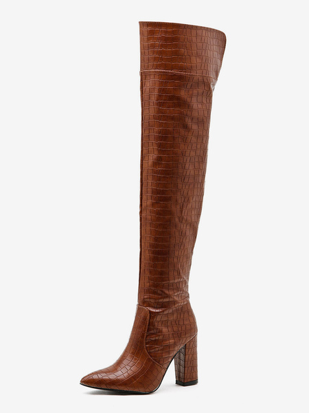 Image of Stivali sopra il ginocchio con stampa coccodrillo da donna Tacco grosso marrone