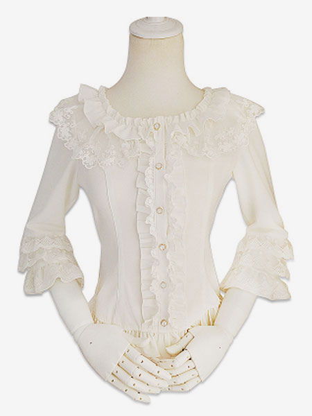 Image of Camicetta Lolita stile di Rococò bianca in chiffon maniche lunghe con scollo tondo pieghettature pizzo monocolore