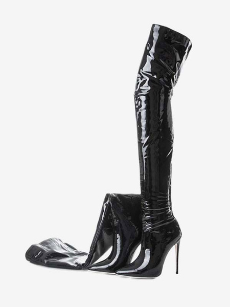 Image of Stivali alti alla coscia neri Stivali da donna in pelle verniciata lucida con punta a punta e tacco a spillo sopra il ginocchio