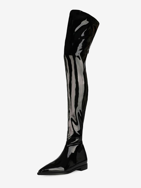 Image of Stivali sopra il ginocchio Stivali alti alla coscia piatti neri in pelle lucida
