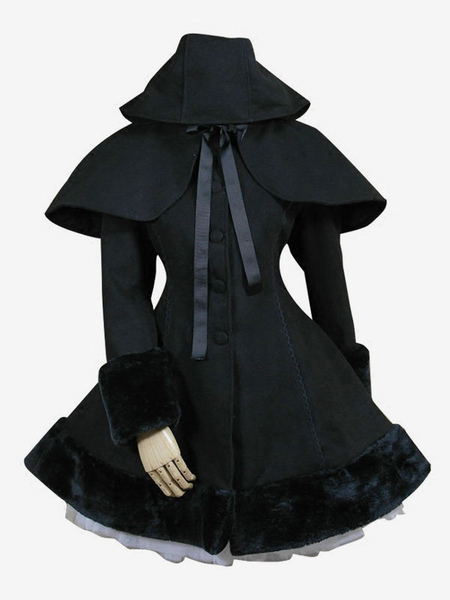 Image of Lolita Cappotto gotico nero in lana mista fiocchi incappucciato maniche lunghe mantello&cappotto Tea party