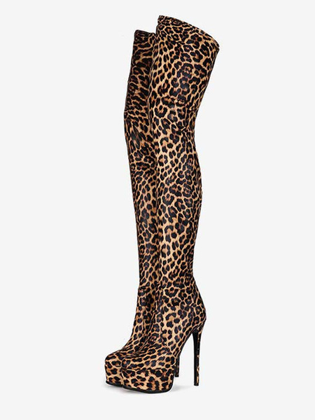 Image of Stivali alti alla coscia da donna Stivali a punta tonda con tacco a spillo con stampa leopardata Stivali invernali da donna
