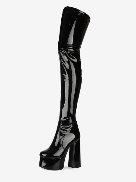 Image of Stivali sopra il ginocchio Punta tonda nera Tacco grosso Tacco alto Piattaforma Stivali invernali in pelle brillante per donna