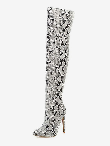 Image of Stivali sopra il ginocchio Stivali alti alla coscia da donna con stampa serpente a punta con tacco a spillo