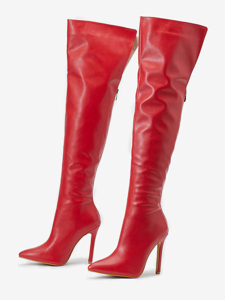 Image of Stivali da donna con tacco a spillo Stivali a punta in pelle PU rossa sopra il ginocchio
