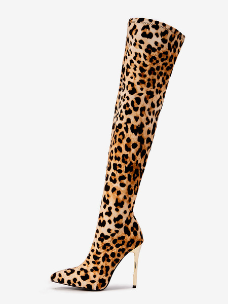 Image of Stivali sopra il ginocchio da donna Stivali alti alla coscia con tomaia in pelle scamosciata con stampa leopardata con tacco a spillo