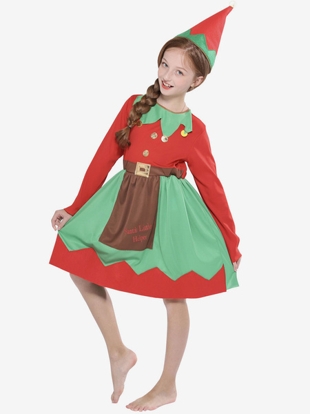 Image of Abito a tunica per bambini per Natale Abito con cappello in fibra di poliestere rosso Costumi per le vacanze di Natale Set completo