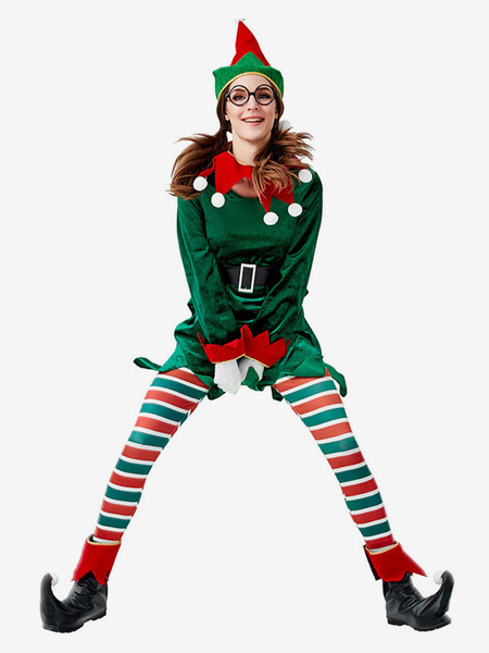 Image of Costume natalizio da donna in fibra di poliestere verde con fusciacca pantaloni in poliestere bicolore per le vacanze di Natale