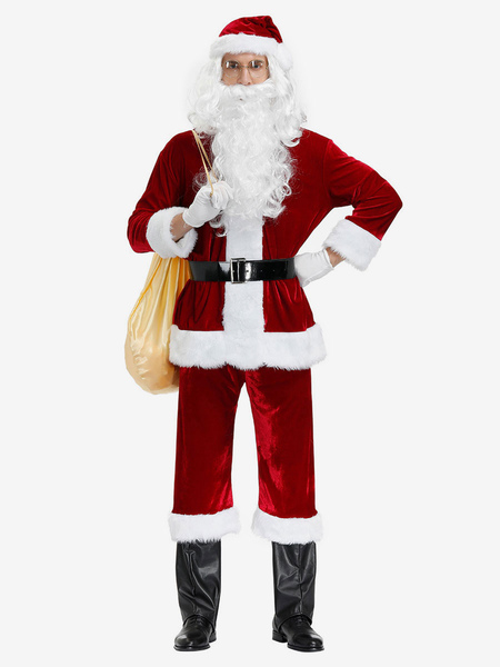 Image of Costume natalizio da uomo Set completo Cappello in fibra di poliestere bordeaux Guanti con fusciacca Poliestere Color Block Costumi per le vacanze di Natale