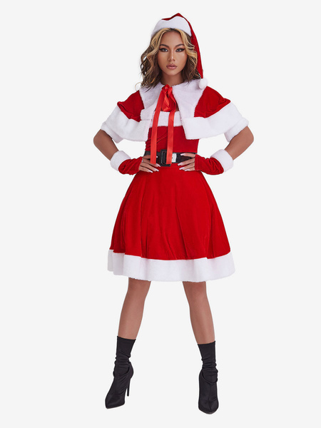 Image of Abito a tunica natalizia da donna Guanti in fibra di poliestere rosso Abito con fusciacca Poliestere Color Block Costumi per le vacanze di Natale