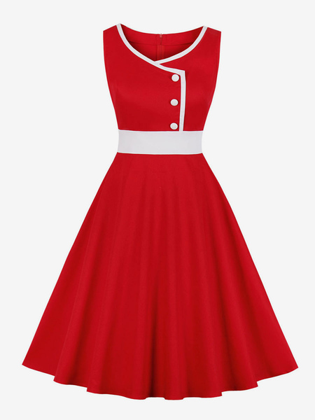 Image of Abito vintage stile Audrey Hepburn anni &#39;50 Abito a maniche lunghe rosso con bottoni bicolore senza maniche con scollo a cuore