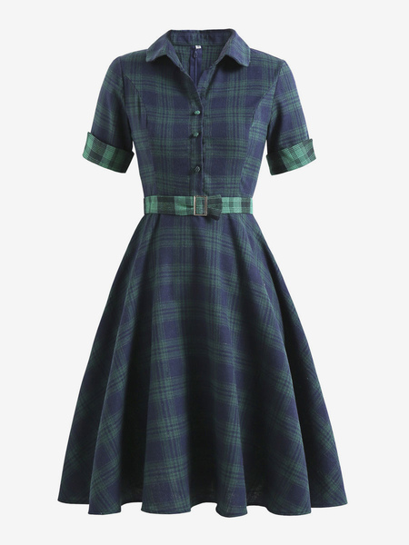Image of Abito vintage in stile Audrey Hepburn anni &#39;50 con scollo a V colletto rovesciato maniche corte lunghezza al ginocchio abito a quadri scozzesi