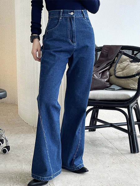 Image of Pantaloni casual irregolari con cerniera a vita alta in jeans svasati blu