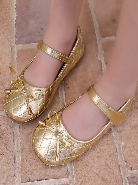 Image of Scarpe da ragazza di fiori Scarpe da festa con fiocchi in pelle PU color oro per bambini
