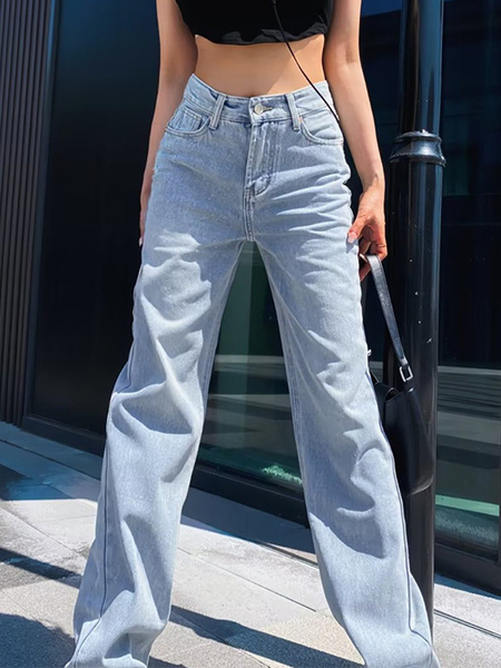 Image of Jeans a gamba larga Pantaloni quotidiani semplici con cerniera a vita alta