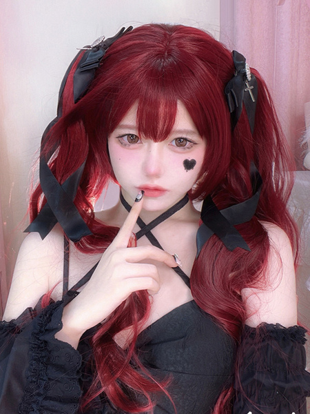Image of Parrucca Gothic Lolita Fibra lunga resistente al calore Accessori Lolita Borgogna