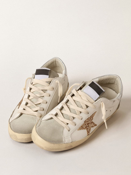 Image of Sneakers da donna bianche ecru Scarpe da ginnastica da skate patchwork metallizzate con punta tonda e glitterate